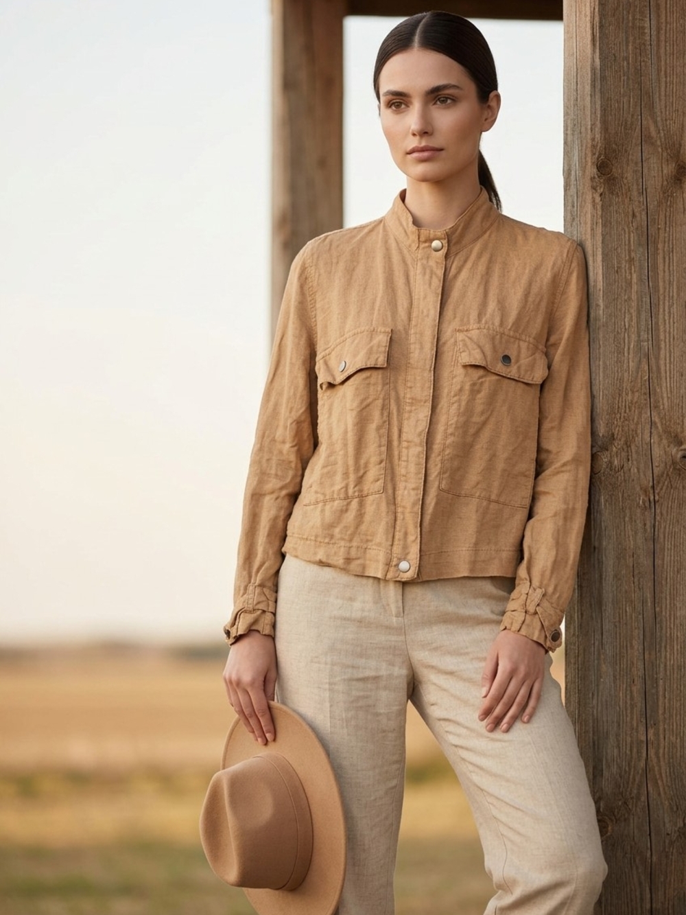 Nicole Miller Cropped Tan Linen Blend Utility Jacket